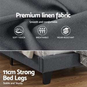 Double Bed Frame | Upholstered Platform | Geometric Headboard | Charcoal Grey Linen