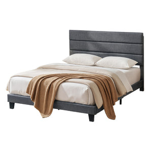 Double Bed Frame | Upholstered Platform | Geometric Headboard | Charcoal Grey Linen