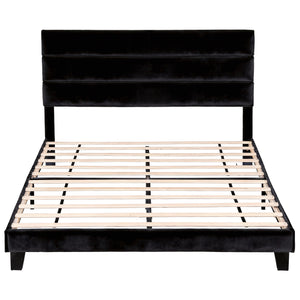 King Bed Frame | Upholstered Platform | Geometric Headboard | Black Velvet