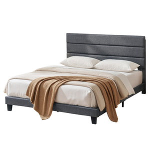 King Bed Frame | Upholstered Platform | Geometric Headboard | Charcoal Grey Linen