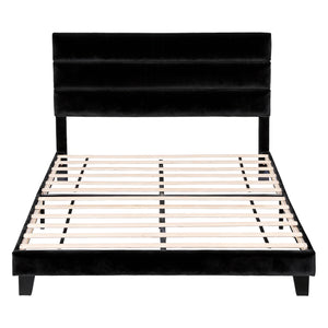 Queen Bed Frame | Upholstered Platform | Geometric Headboard | Black Velvet