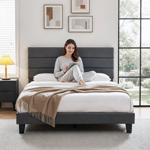 Queen Bed Frame | Upholstered Platform | Geometric Headboard | Charcoal Grey Linen