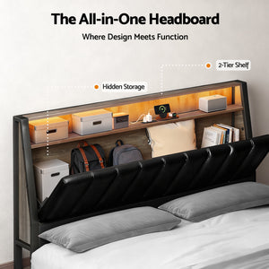 Double Bed Frame | LED Storage Headboard | Charging Station | Black
