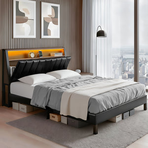 Double Bed Frame | LED Storage Headboard | Charging Station | Black