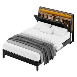 Queen Bed Frame | LED Storage Headboard | Charging Station | Black