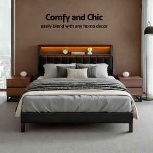 Queen Bed Frame | LED Storage Headboard | Charging Station | Black