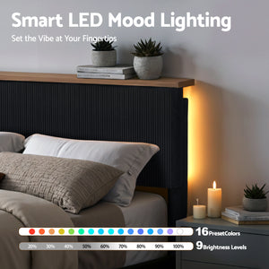 Double Bed Frame | Adjustable Headboard | Mood Lighting | Black Velvet