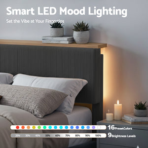 Double Bed Frame | Adjustable Headboard | Mood Lighting | Grey Velvet