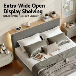 Queen Bed Frame | Adjustable Headboard | Mood Lighting | Grey Velvet