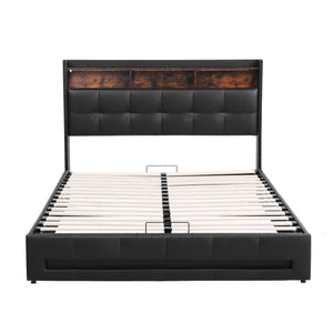 Artiss Double Bed Frame with Gas Lift Storage LED Lights Charging Station Headboard with Open Shelf