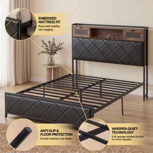 Double Bed Frame | LED Storage Headboard with USB & AC Outlets