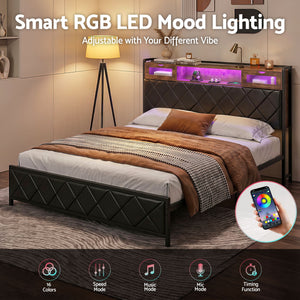 King Bed Frame | LED Lights, Storage Headboard & Charging Station