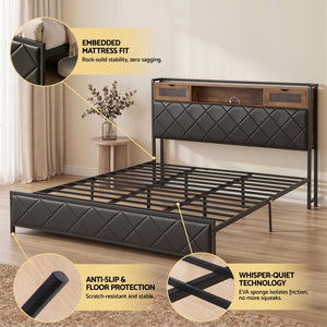 King Bed Frame | LED Lights, Storage Headboard & Charging Station