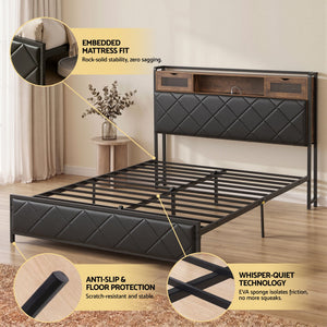 Queen Bed Frame | LED Lights, Storage Headboard & Charging Station