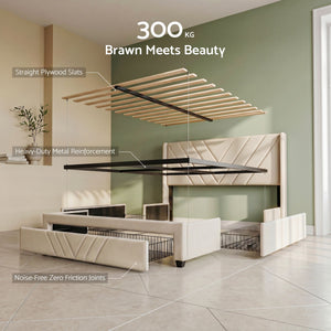 Artiss Double Bed Frame with Charging Station and Storage Drawers Beige 300KG Noise Free