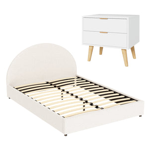Queen Bed Frame & Bedside Table Set | Gas Lift Storage | Boucle Upholstered