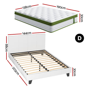 Double Bed Frame + Hybrid Mattress Set | White PVC Leather | Modern Platform