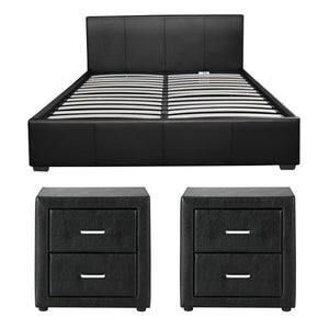 Artiss Gas Lift Queen Bed Frame and 2 Bedside Table Set Leather Black