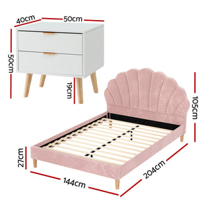 Double Bed Frame + Bedside Tables Set | Scallop Headboard | Pink Velvet | 2 Drawer Nightstands