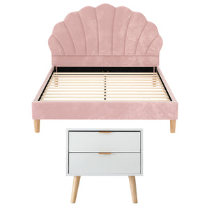 Double Bed Frame + Bedside Tables Set | Scallop Headboard | Pink Velvet | 2 Drawer Nightstands