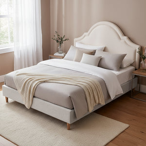 Queen Bed Frame | Scalloped Velvet Headboard | Wooden Platform Base | Storage