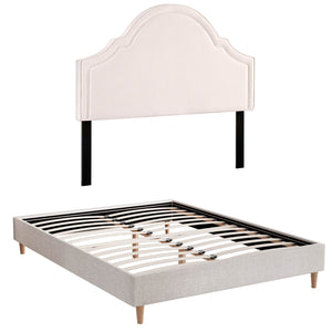 Queen Bed Frame | Scalloped Velvet Headboard | Wooden Platform Base | Storage