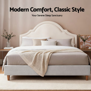 Queen Bed Frame | Scalloped Velvet Headboard | Wooden Platform Base | Storage