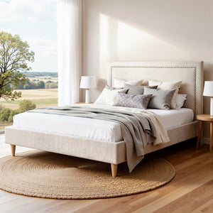 Queen Bed Frame | Upholstered Headboard | Linen Fabric | Beige