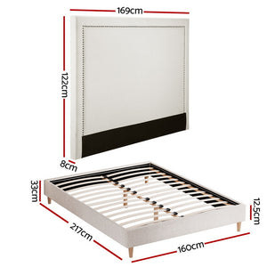 Queen Bed Frame | Upholstered Headboard | Linen Fabric | Beige