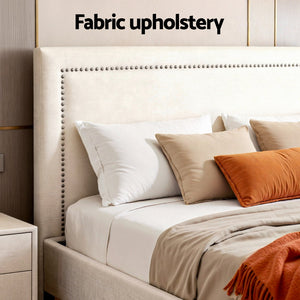 Queen Bed Frame | Upholstered Headboard | Linen Fabric | Beige