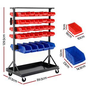 Storage Bins Rack | 74 Bins | Double Sided | Mobile Workshop Organiser