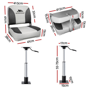 Folding Boat Seats with Pedestals 2 Pack | Low Back | 55–75cm Adjustable | Charcoal
