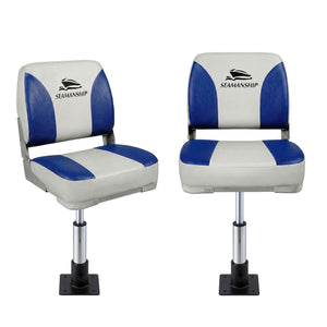 Folding Boat Seats with Pedestals 2 Pack | Low Back | 34–46cm Adjustable | White Blue