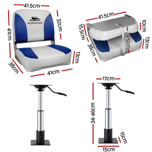 Folding Boat Seats with Pedestals 2 Pack | Low Back | 34–46cm Adjustable | White Blue