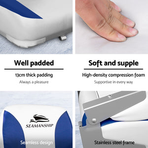 Folding Boat Seats with Pedestals 2 Pack | Low Back | 34–46cm Adjustable | White Blue
