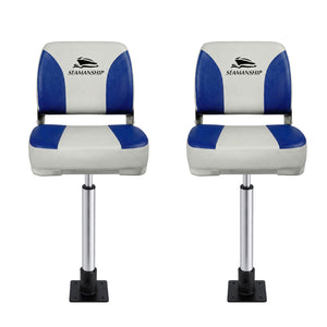 Folding Boat Seats with Pedestals 2 Pack | Low Back | 55–75cm Adjustable | White Blue