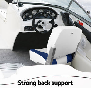 Folding Boat Seats with Pedestals 2 Pack | Low Back | 55–75cm Adjustable | White Blue