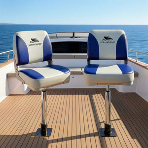 Folding Boat Seats with Pedestals 2 Pack | Low Back | 55–75cm Adjustable | White Blue