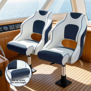Captain Boat Seats with Pedestals | Flip Up Bolster | 34–46cm Adjustable | Blue