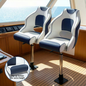 Captain Boat Seats with Pedestals | Flip Up Bolster | 55–75cm Adjustable | Blue