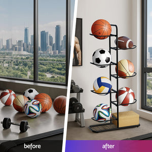Ball Storage Rack 7-Tier | Sports Equipment Organiser | Garage & Gym Holder | Black