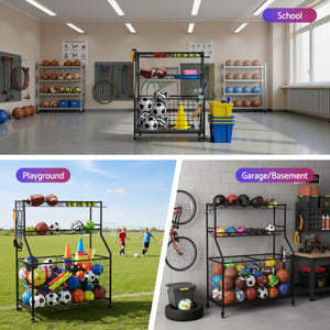 Sports Equipment Organiser | Rolling Storage Rack with Wheels | Garage Gym | Black