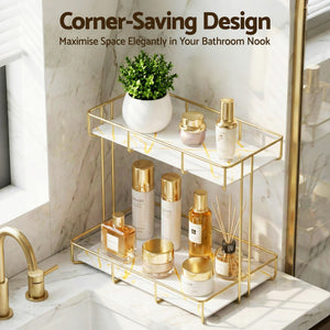 Bathroom Storage Rack | 2 Tier Corner Organiser | Gold | Marble Look