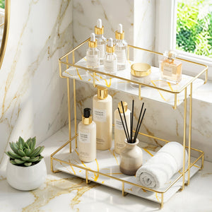 Bathroom Storage Rack | 2 Tier Corner Organiser | Gold | Marble Look