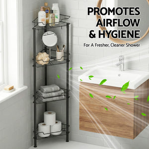 Corner Shower Caddy | 4 Tier | Floor Standing Bathroom Organiser | Black