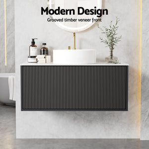 Wall Hung Vanity Unit | 900mm | Grooved Timber Front | Black