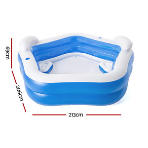 Kids Inflatable Pool | 213x206cm | Seat Cushions + Cup Holder | Above Ground
