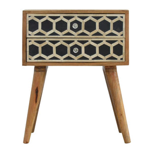Geometric Bone Inlay Bedside Table | 2 Drawers | Solid Mango Wood