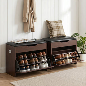 Shoe Bench Set | 2 Pack | Flip Drawer Storage | Walnut