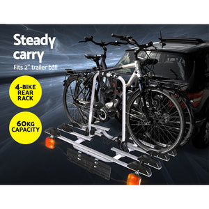 Giantz 4 Bicycle Bike Carrier Rack | Car Towbar Hitch Ball Mount | Tail Light | Silver